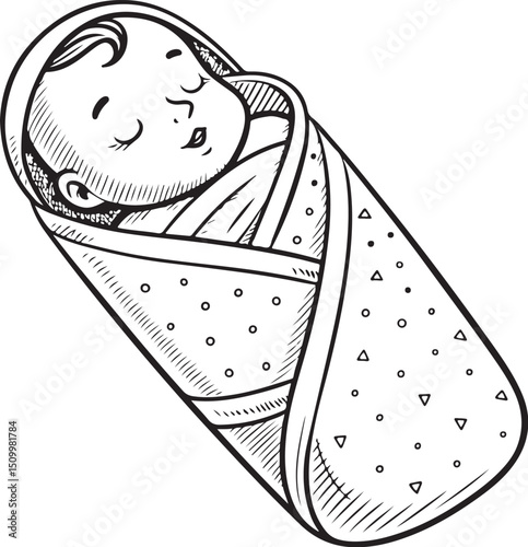 Newborn in Swaddle wrap, Baby Product, Vector Illustration, Sketch Drawing Line Linear Symbol Icon Engraving Coloring Book, Hand-drawn Black and White Isolated