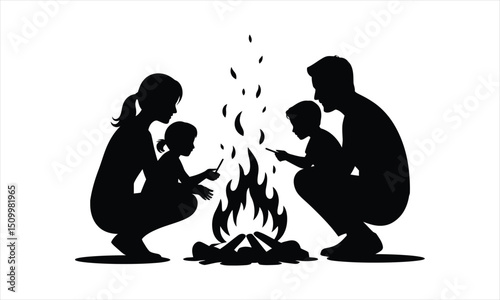 Family silhouette campfire night togetherness