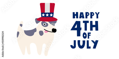 Banner. Dog wearing Uncle Sam Hat. Happy 4th of July. Flat vector lllustration.