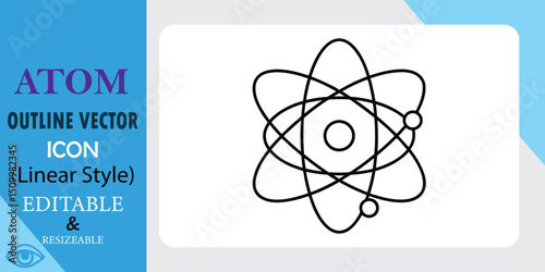 Linear style atom icon. Simple, editable vector graphic. Depicts nucleus and orbiting electrons. Perfect for science projects.
