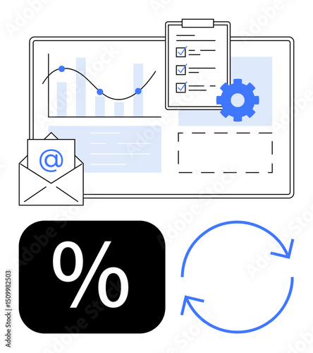 Data chart with metrics, email icon, checklist clipboard, gear symbol for settings. Ideal for analytics, task management, email marketing, automation finance workflow productivity. Flat simple