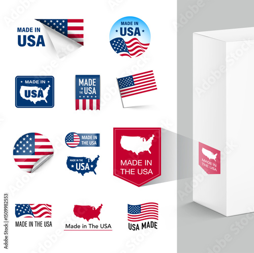 Set of flags, ribbons, signs made in USA for products. Vector illustration isolated on white background. Ready to use for your design, presentation, promo, ad. EPS10.