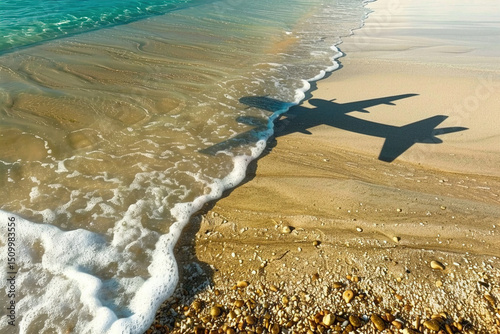 Aircraft shadow gliding over crystal-clear waters, golden sandy beach, and scattered sunbathers sunbathers scattered and beach, sandy golden.