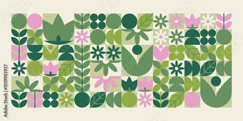 Geometric flower shapes pattern - simple flat organic leaves, petals and blossoms in light green and pink shades. Modern minimal floral elements background design for spring or garden design.
