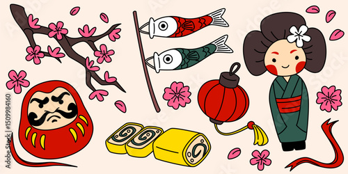 Daruma and kokeshi dolls, koinobori carp streamers, bright red lantern and branch of sakura tree with flowers, blossoms and petals - cute colorful collection of traditional Japanese cultural symbols.