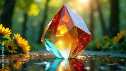 A radiant gemstone, multifaceted and glowing, rests on a dark, reflective surface amidst a vibrant display of sunflowers bathed in the warm light of the setting sun.