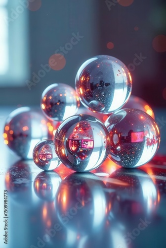 Reflective Spheres Illuminated by Warm Ambient Lighting, Glistening with an Inner Glow, Displaying Intricate Reflections
