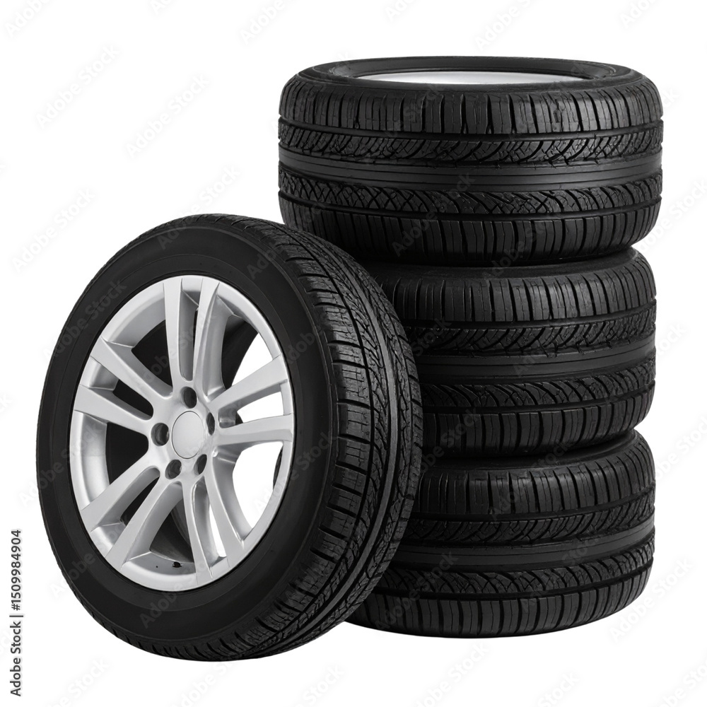 Obraz premium New stack of black automobile tires isolated on white with a rim
