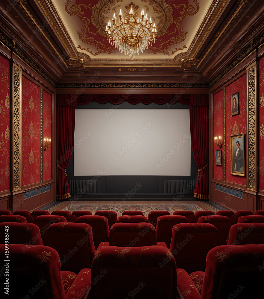 Fototapeta premium Afghan luxury theater room with velvet walls and a single empty A4 frame on the side.