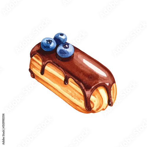 Delicious Eclair: A delectable eclair, adorned with rich chocolate ganache and fresh blueberries, presented in a photorealistic style that celebrates the artistry of culinary delights.