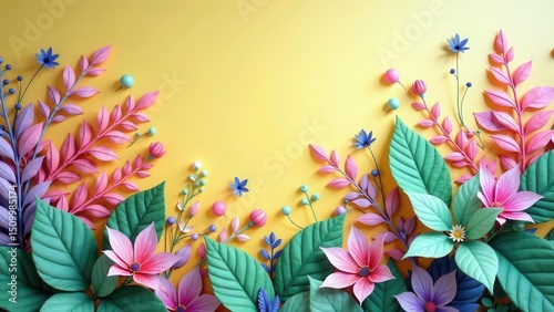 Vibrant Floral Arrangement of Paper Flowers and Leaves on a Yellow Background, Featuring a Delightful Composition of Pastel Colors and Delicate Details