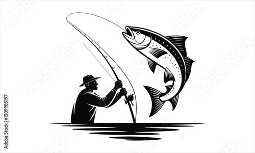 Fisherman landing a large fish silhouette