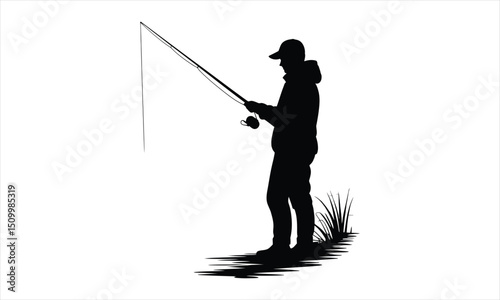 Silhouette of a fisherman fly fishing by the river