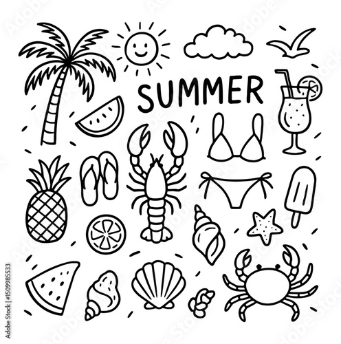 Cute Summer Vacation Doodles Set Sketch Style Travel and Beach Graphics