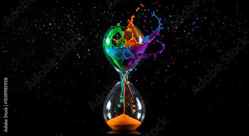 Hourglass Of Colorful Paint Explosion Against Black Background Concept