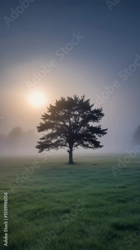 single tree standing in misty field at sunrise with soft morning fog and empty sky above open grassy landscape concept of mindfulness, solitude, eco branding