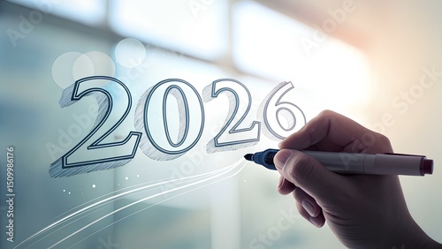 Hand Writing the Year 2026 in Bold Black Digits on a Transparent Surface, Representing Future Vision, Strategic Planning, Progress, and Innovation in a Sunlit Environment
