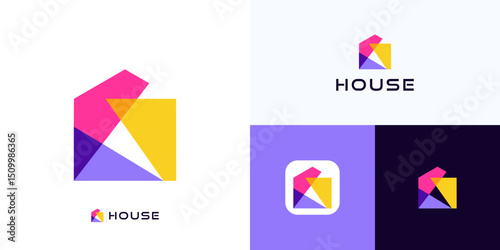 Creative modern home overlapping shapes with vibrant color concept, logo icon design vector element, Symbol house building sign geometric colorful for real estate, brand identity and business company