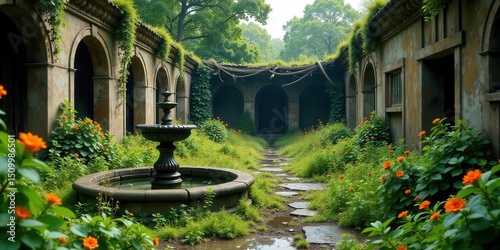Serene Courtyard Fountain Amidst Overgrown Ruins, Lush Greenery, and Vibrant Orange Blooms
