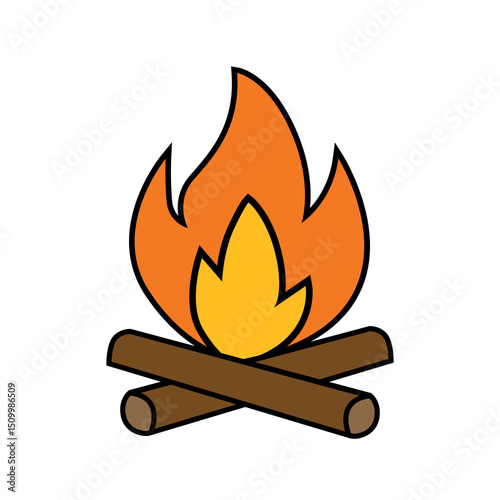 Bonfire icon with flame and logs, flat vector illustration for camping and outdoor activities