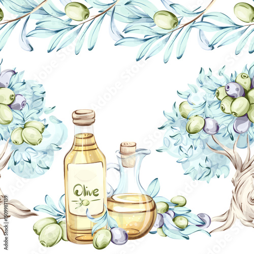 Olives and olive oil seamless pattern with frame and border arrangement inspired by Italian cuisine nature and nourishing beauty