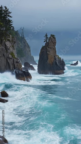 rugged nordic sea cliffs with sharp rock stacks emerging from blue ocean under misty sky powerful waves crashing against stone coastline concept of adventure travel, environmental awareness, editorial