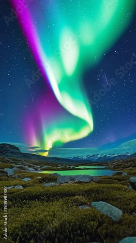 vivid aurora borealis lighting up starry nordic sky above rocky tundra and mountain peaks vibrant green and purple lights swirling in night concept of arctic tourism, astronomy education, nature 