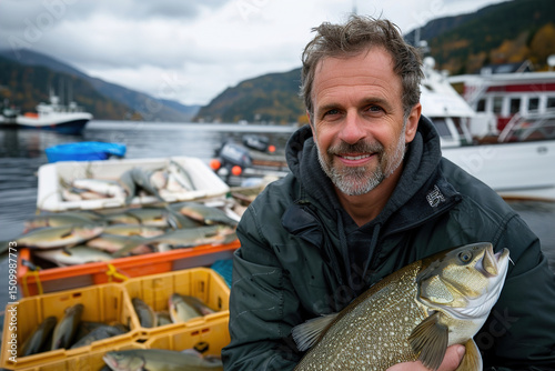 Fisherman holding large, freshly caught fish close to face, smiling proudly at harbor harbor at proudly smiling face,. update