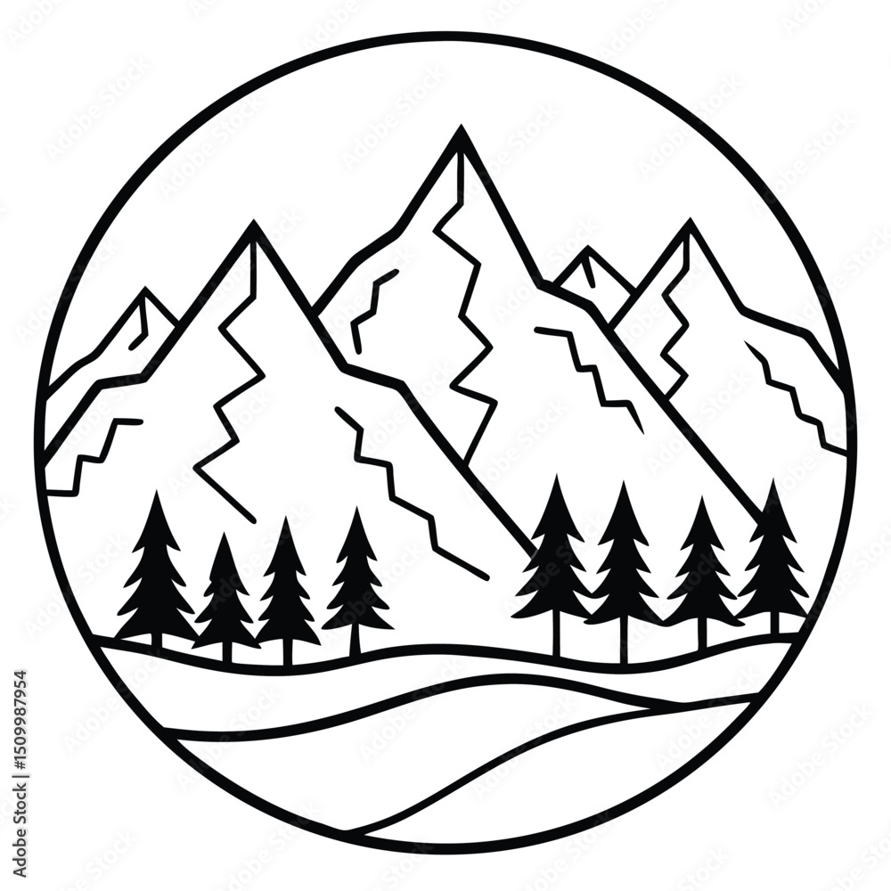 Obraz premium Mountain landscape with pine trees in a circular frame vector illustration