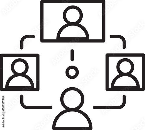 Simple black and white icon depicts virtual meeting with four connected user profiles, symbolizing online communication and collaboration