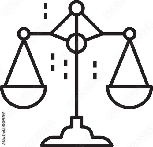 Simple black and white illustration of balance scale symbolizes justice and fairness. scale is evenly balanced, representing equality and impartiality in decision making