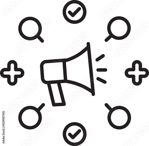 Megaphone icon surrounded by checkmarks and plus signs symbolizes communication, approval, and addition. This simple black and white illustration conveys concepts of marketing, promotion