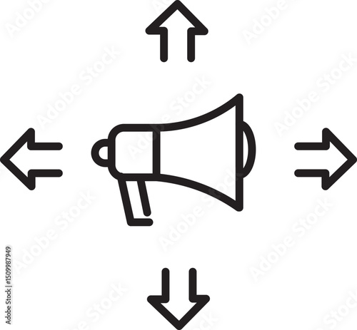 Megaphone icon with arrows pointing in four directions symbolizes communication and outreach. simple black and white design emphasizes concept of spreading information widely