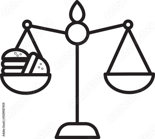 Balanced scale icon with one side holding burger and fries, symbolizing concept of weighing food choices or diet decisions. design is simple and monochromatic