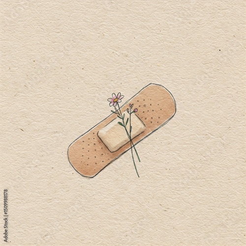 Hand-Drawn Band-Aid with Flower on Textured Background, Symbolizing Healing and Care