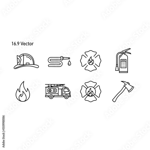 Firefighting Equipment and Safety Icons Vector Line Art Graphics for Emergency Services, Safety Training, and Fire Prevention Resources