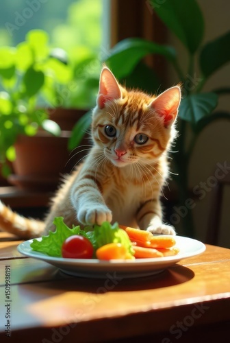 A curious ginger kitten investigates a plate of fresh, colorful vegetables, its paw delicately touching the vibrant greens and ripe tomatoes