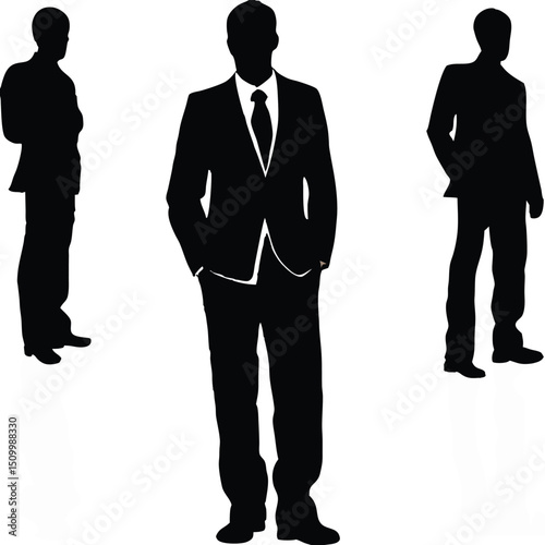 Silhouette of Businessmen in Suits Standing in Different Poses on White Background