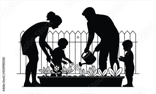 Family gardening together planting flowers kids