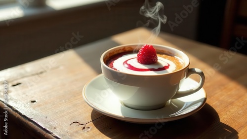 Warm dessert in a cup, garnished with a single raspberry and a swirl of cream, sits on a saucer atop a rustic wooden surface bathed in sunlight.