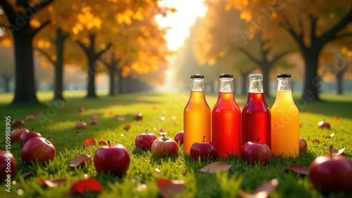Autumnal Orchard Refreshments Three Glass Bottles of Sparkling Apple Juice Resting Amongst Fallen Apples on a Sunlit Grassy Meadow, Surrounded by Golden Autumn Trees