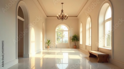 Sunlit Hallway with Arched Windows and Polished Floors, Elegant Wooden Bench and Potted Plants