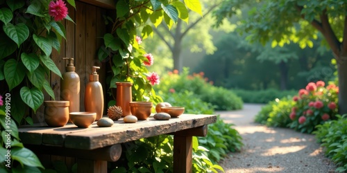 Serene Garden Sanctuary Wooden Bench with Copper Vessels and Botanicals in a Tranquil Outdoor Setting
