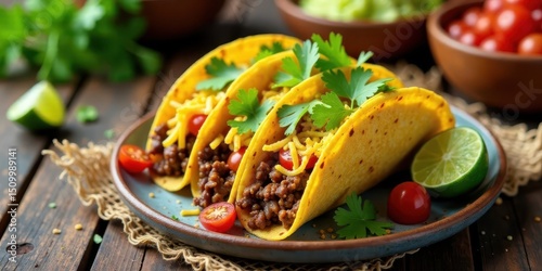 Delicious Ground Beef Tacos with Shredded Cheese and Cilantro Garnishes on Rustic Wooden Table