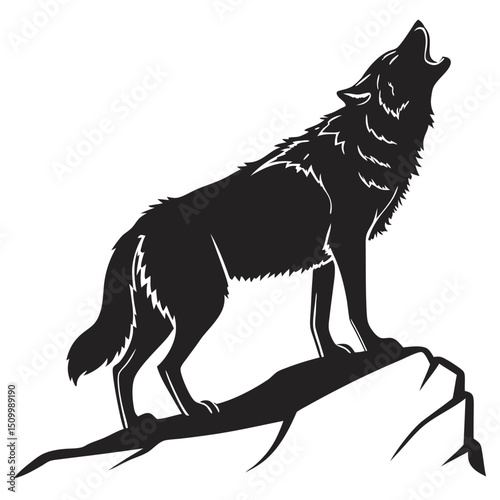 Silhouette of a howling wolf standing on a rocky outcrop at night