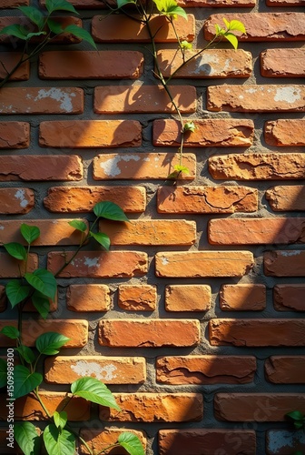 Sunlight Illuminates a Brick Wall with Lush Greenery Growing Up Its Surface