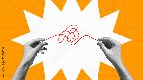 halftone collage, Hands untangling a red thread, problem-solving, clarity, creative thinking, and strategic solutions in business or design