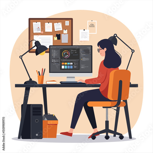 Working at home, freelancers working on laptops and computers at home. Vector flat style illustration