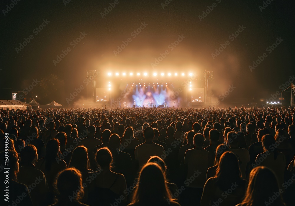 Obraz premium Wide angle landscape perspective of dense crowd facing distant stage with glowing lights creating atmospheric haze horizon