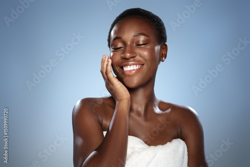 Photography Woman smiling with glowing skin in a bright setting, showcasing natural beauty a